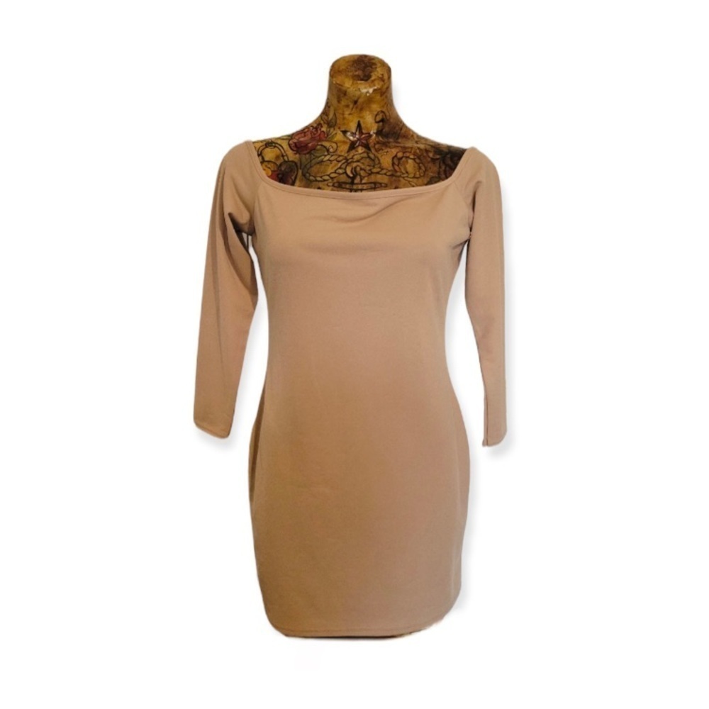 Pretty Little Thing fitted stone bardot bodycon dress new beige Sz 10